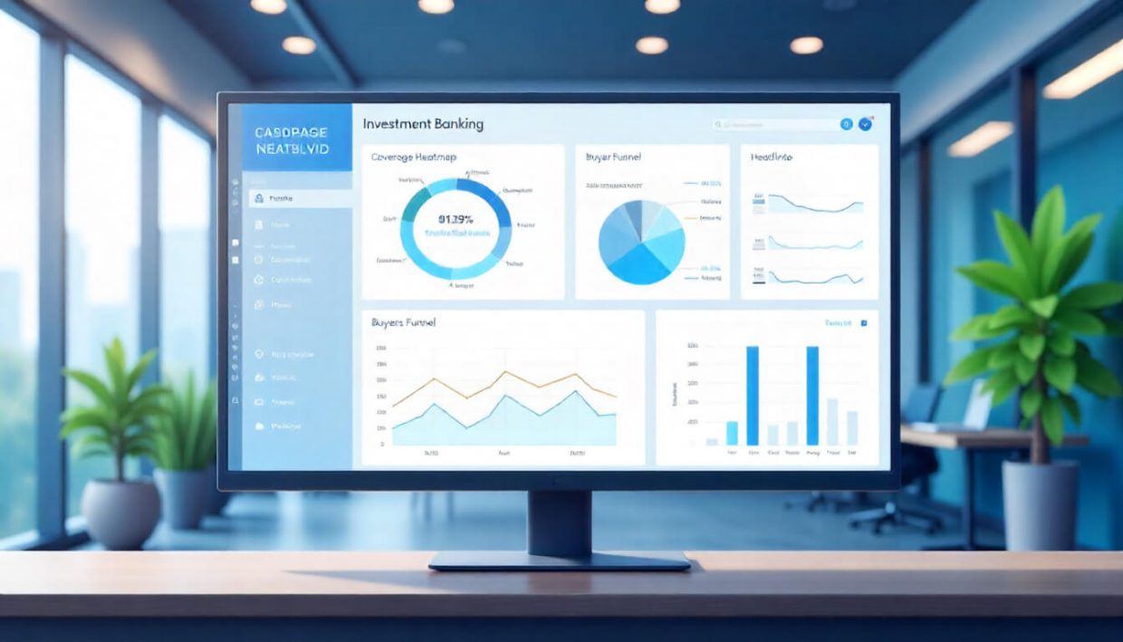 Investment banking CRM dashboard—coverage heatmap buyer funnel MNPI walls